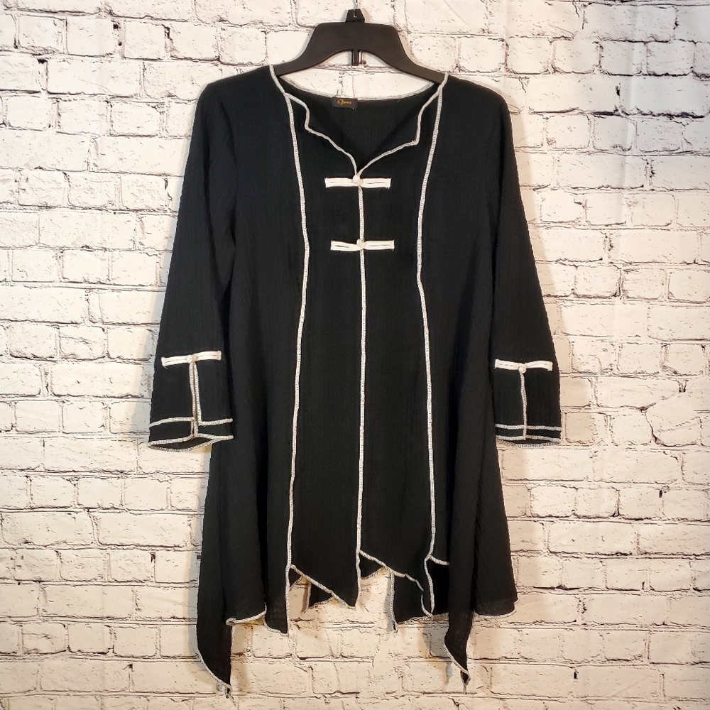 Opera Vintage Black Asymmetrical Flare Slit Sleeve High Neck Tunic White Trim